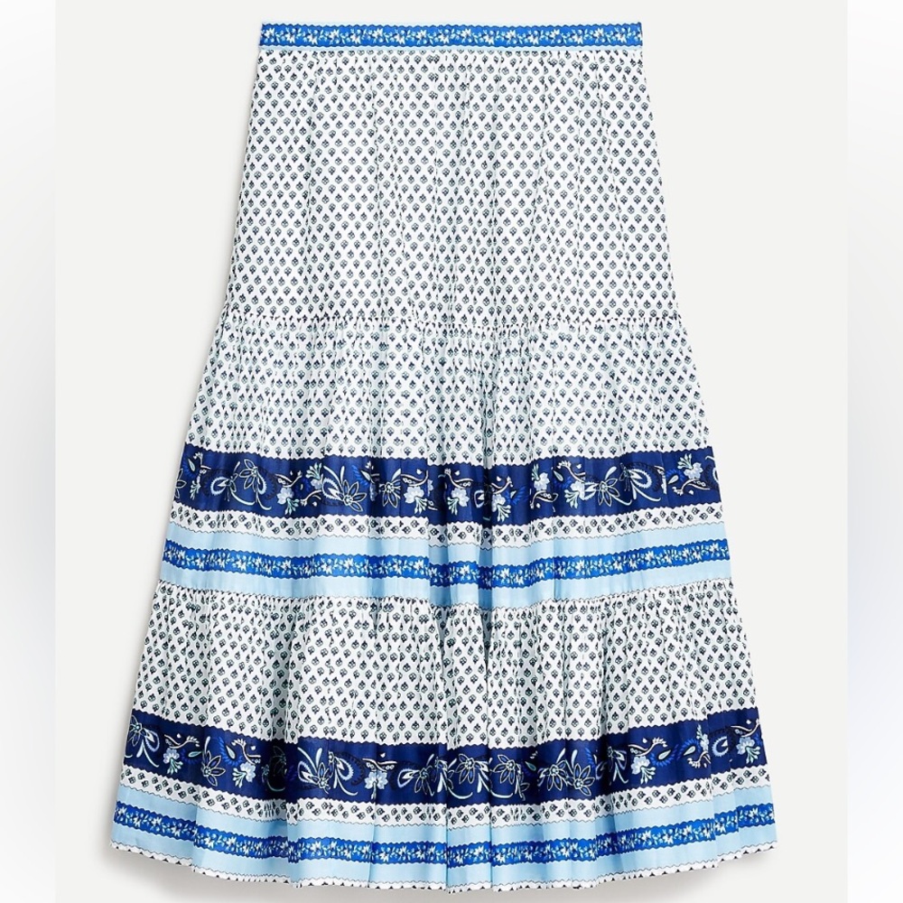 J. Crew Tiered skirt in blue ribbon block print Womens Large